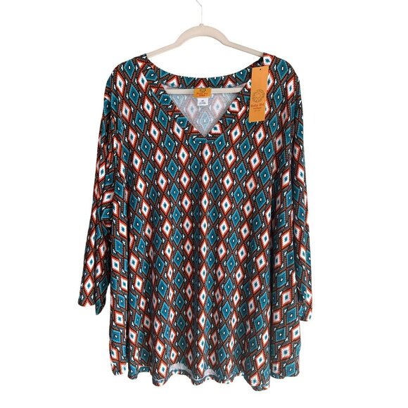 NWT Ruby Rd Womens 4X V Neck Abstract Boho Blouse 3/4 Sleeve Stretchy Top 26x29 - Picture 2 of 7